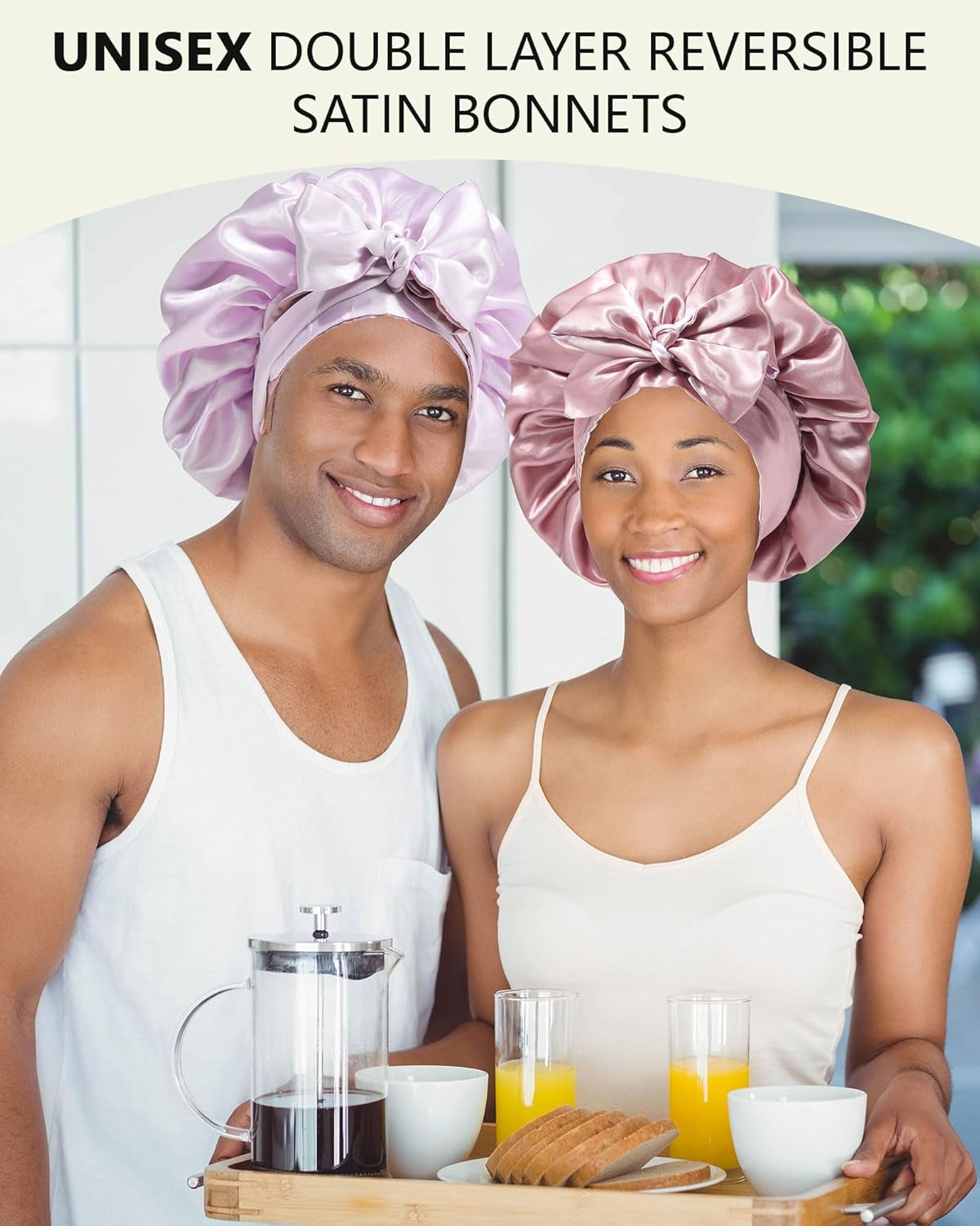 Satin Silk Hair Bonnets for Women Curly Hair Wrap for Sleeping Cap Reversible Bonnet with Tie Band Night Double Layer Sleep Cap ( Reversible Satin Bonnet(Bean Paste + Light Purple)