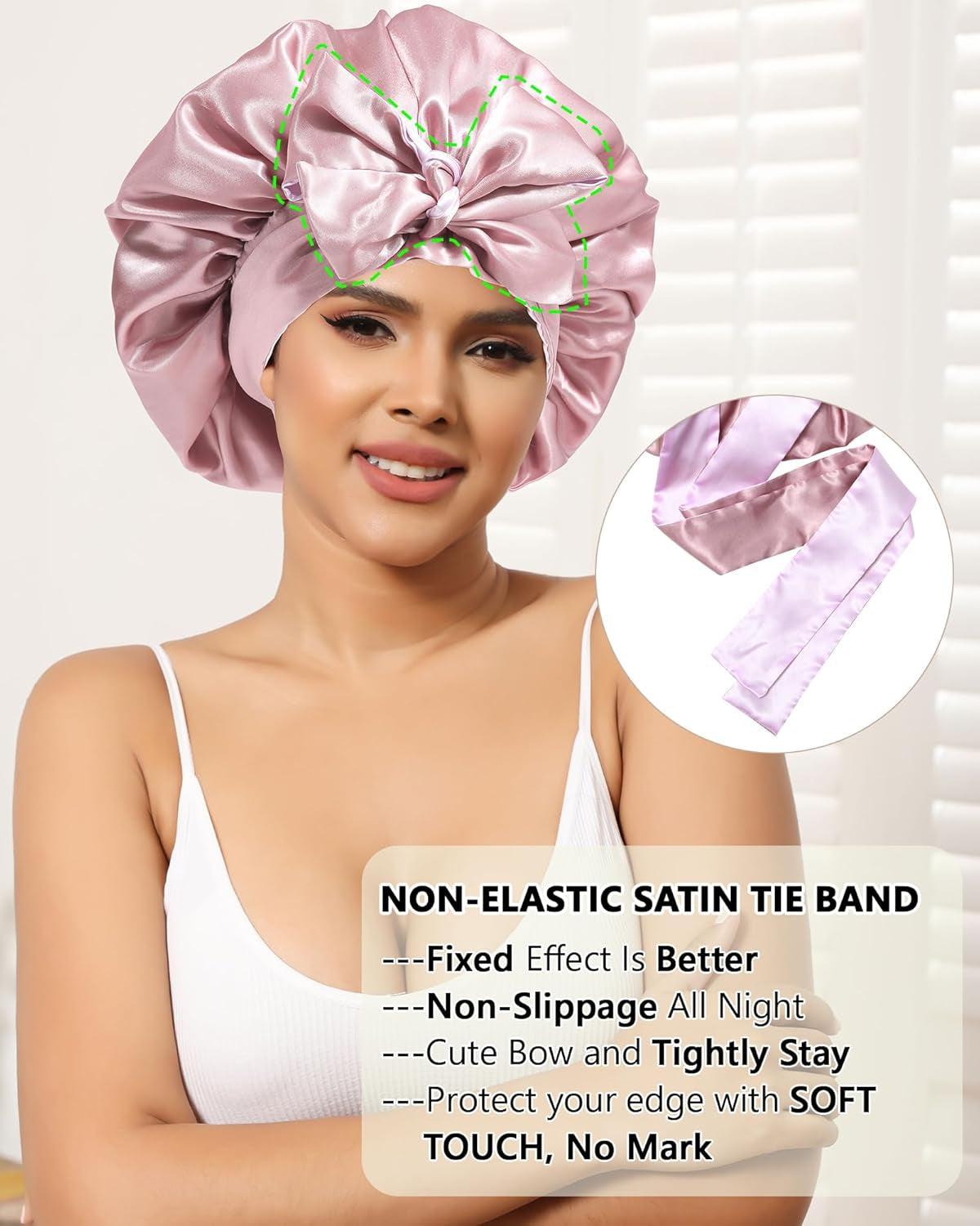 Satin Silk Hair Bonnets for Women Curly Hair Wrap for Sleeping Cap Reversible Bonnet with Tie Band Night Double Layer Sleep Cap ( Reversible Satin Bonnet(Bean Paste + Light Purple)