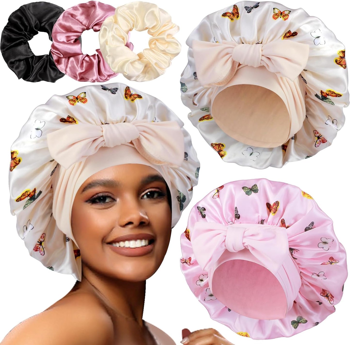 2+3 Large Satin Bonnets with Scrunchies for Women, Hair Bonnet Sleeping Tie Bonnet for Braids Curly Hair
