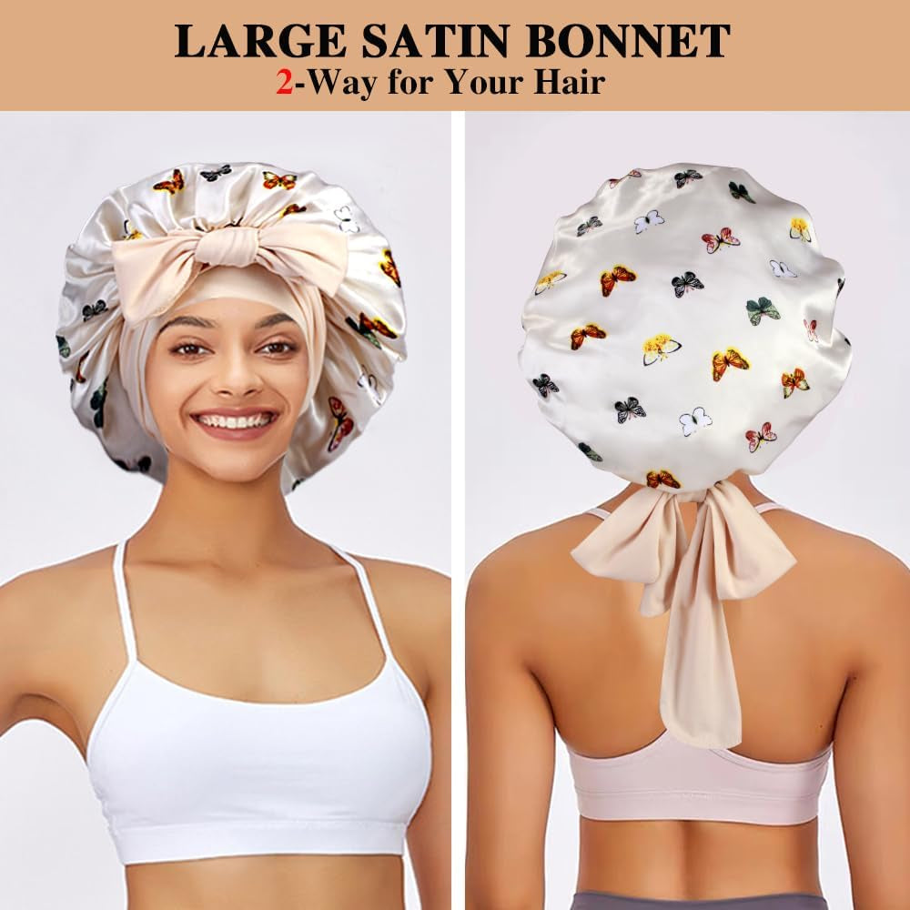 2+3 Large Satin Bonnets with Scrunchies for Women, Hair Bonnet Sleeping Tie Bonnet for Braids Curly Hair