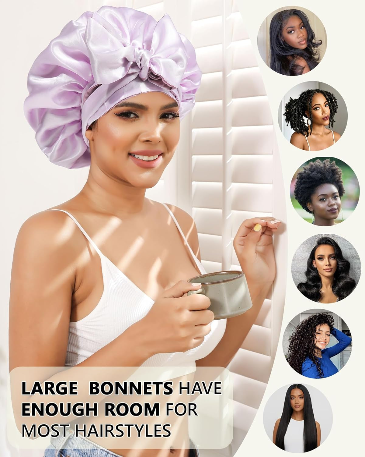 Satin Silk Hair Bonnets for Women Curly Hair Wrap for Sleeping Cap Reversible Bonnet with Tie Band Night Double Layer Sleep Cap ( Reversible Satin Bonnet(Bean Paste + Light Purple)