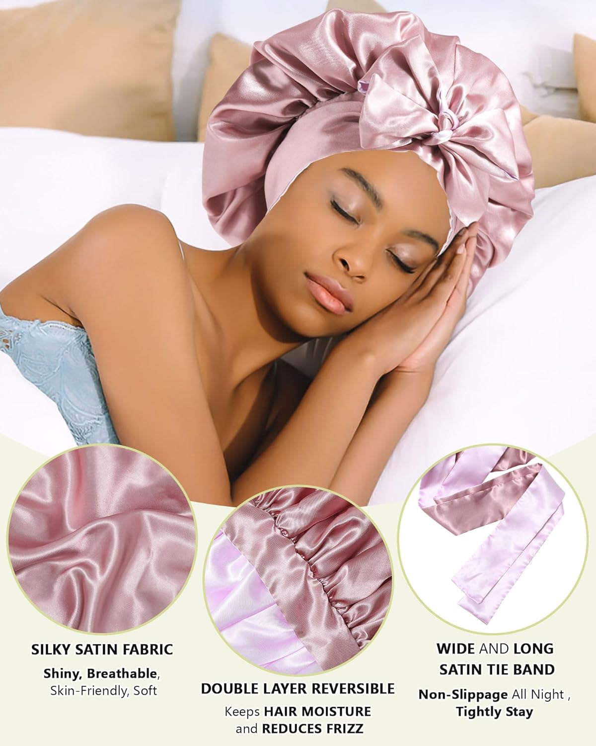 Satin Silk Hair Bonnets for Women Curly Hair Wrap for Sleeping Cap Reversible Bonnet with Tie Band Night Double Layer Sleep Cap ( Reversible Satin Bonnet(Bean Paste + Light Purple)