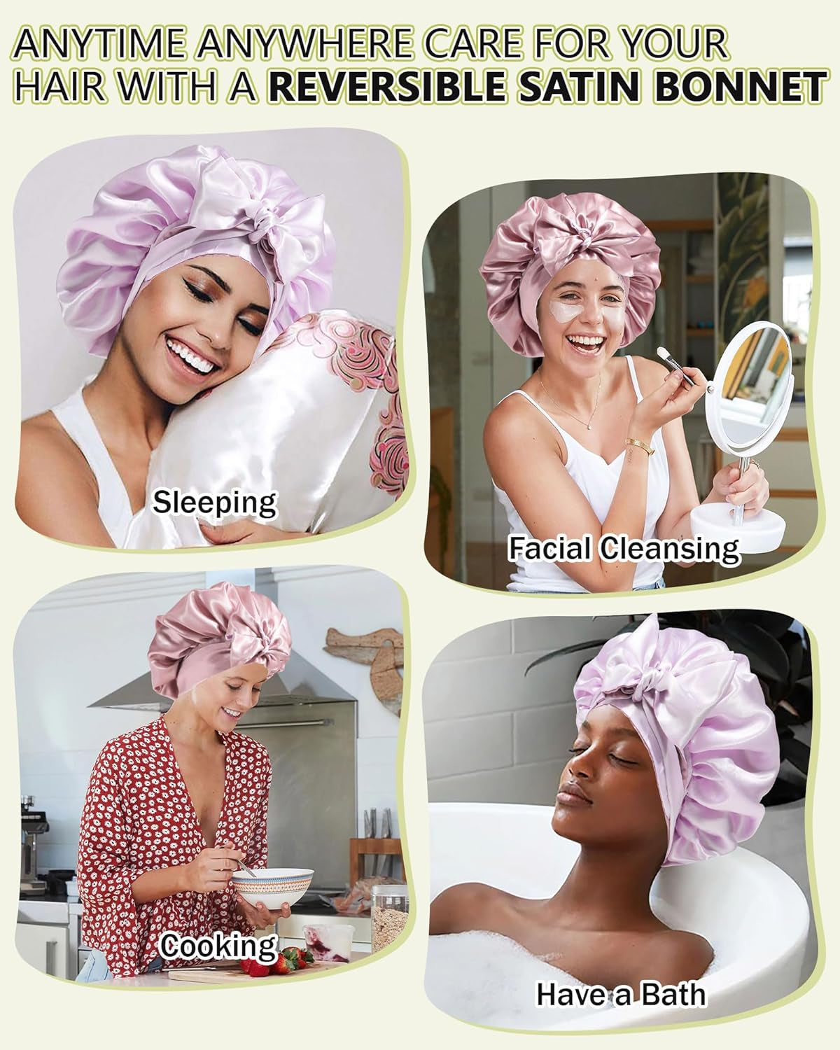 Satin Silk Hair Bonnets for Women Curly Hair Wrap for Sleeping Cap Reversible Bonnet with Tie Band Night Double Layer Sleep Cap ( Reversible Satin Bonnet(Bean Paste + Light Purple)